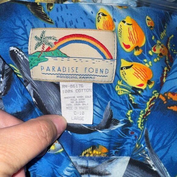 Vintage Paradise Found Hawaiian Shirt Button Down Fish Printed Cotton Large - Picture 3 of 5